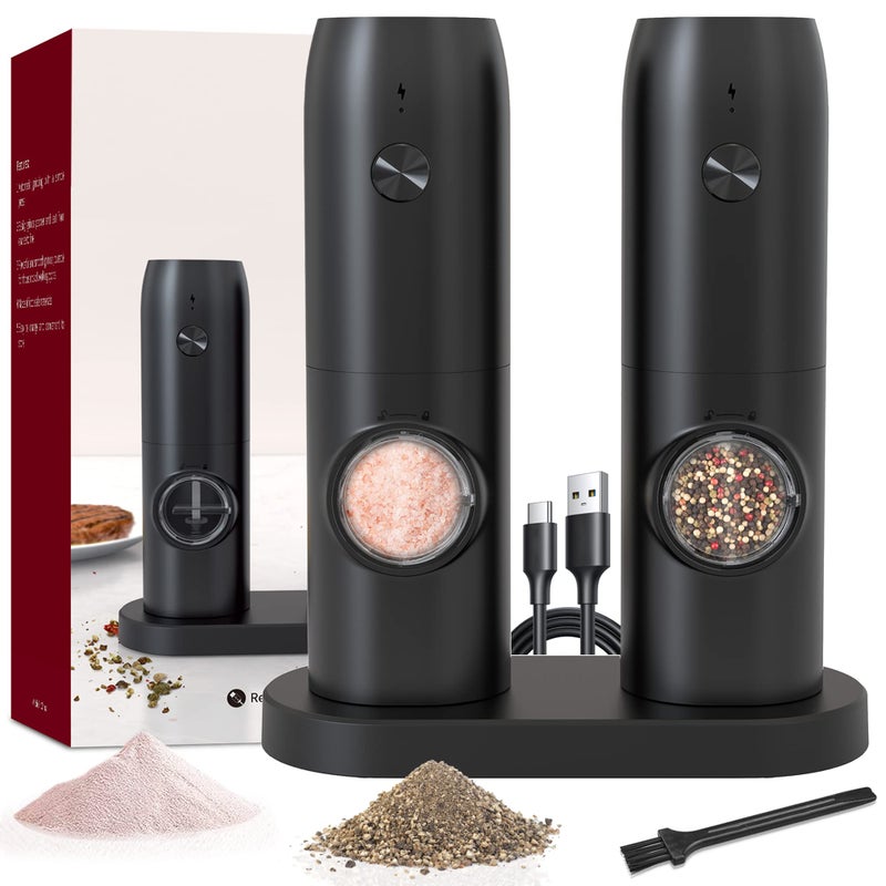 Jeadiuwe Electric Salt and Pepper Grinder Set of 2 automatic pepper mill USB rechargeable Adjustable Coarseness One-handed operation ceramic burr refillable Auto grinders with charging base LED light - Image 1